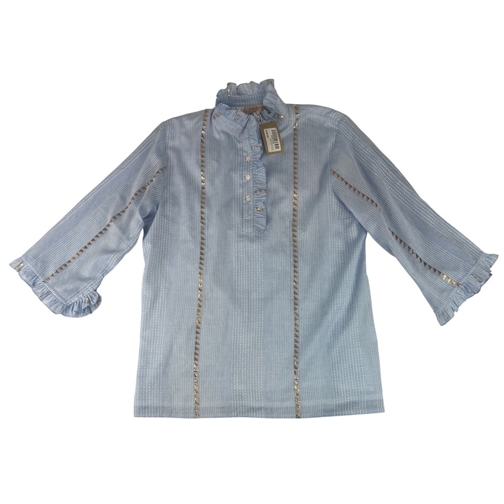 Rungolee Jacqueline Blouse Women XL Blue Stripe Gold Metallic Embroidery Ruffle